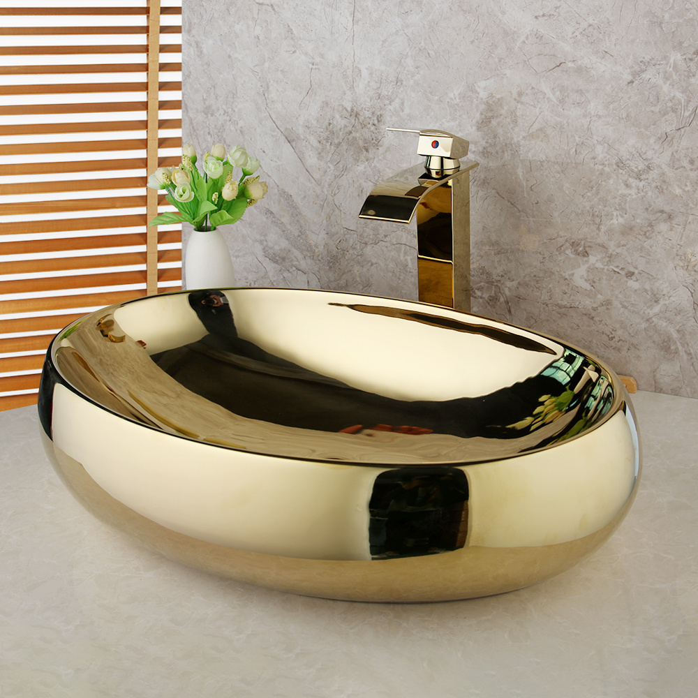 jieni Basin Sinks Waterfall Gold Mixer Faucet + Oval Gold Ceramic Basin Sink Bowl Pop Drain Set