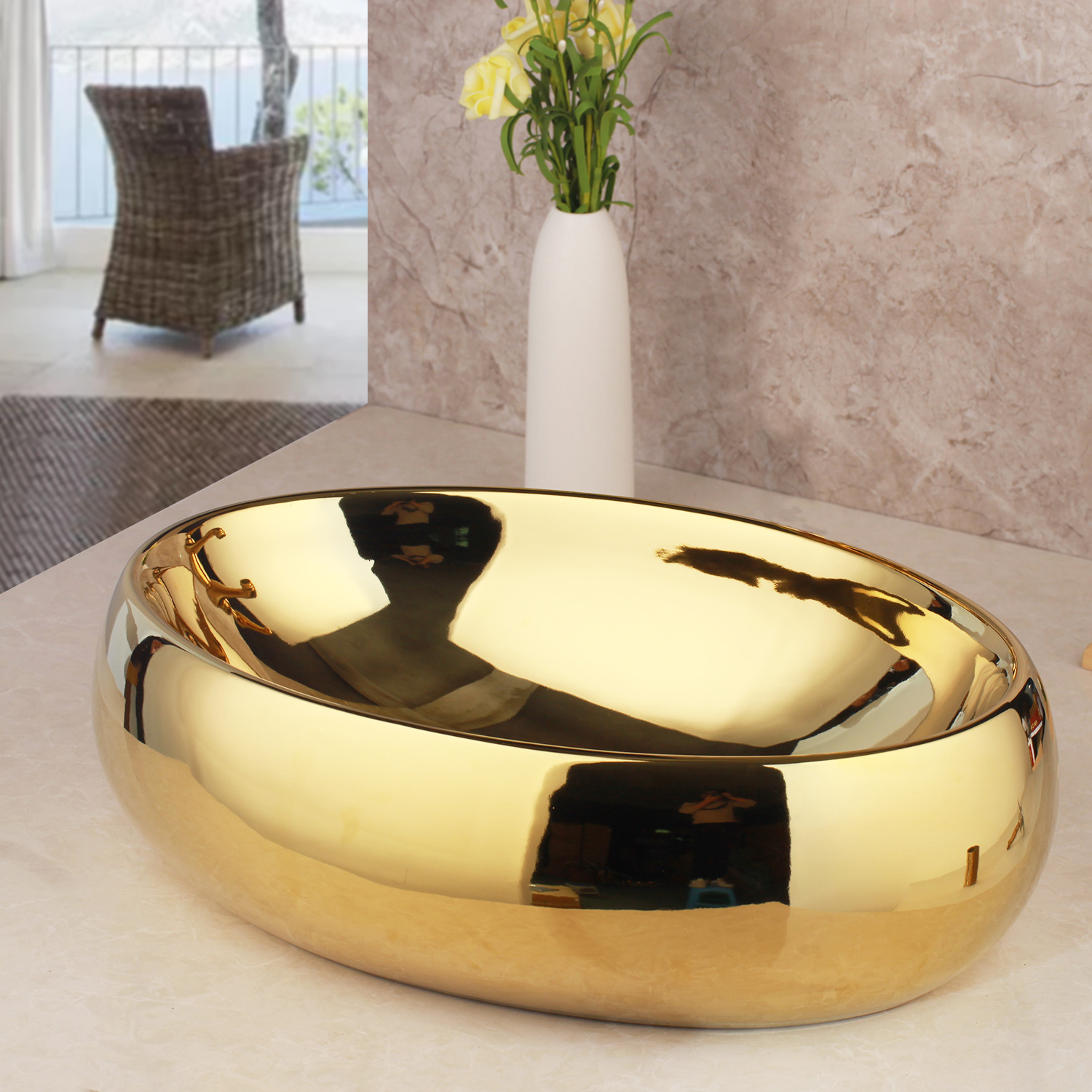 jieni Basin Sinks Waterfall Gold Mixer Faucet + Oval Gold Ceramic Basin Sink Bowl Pop Drain Set