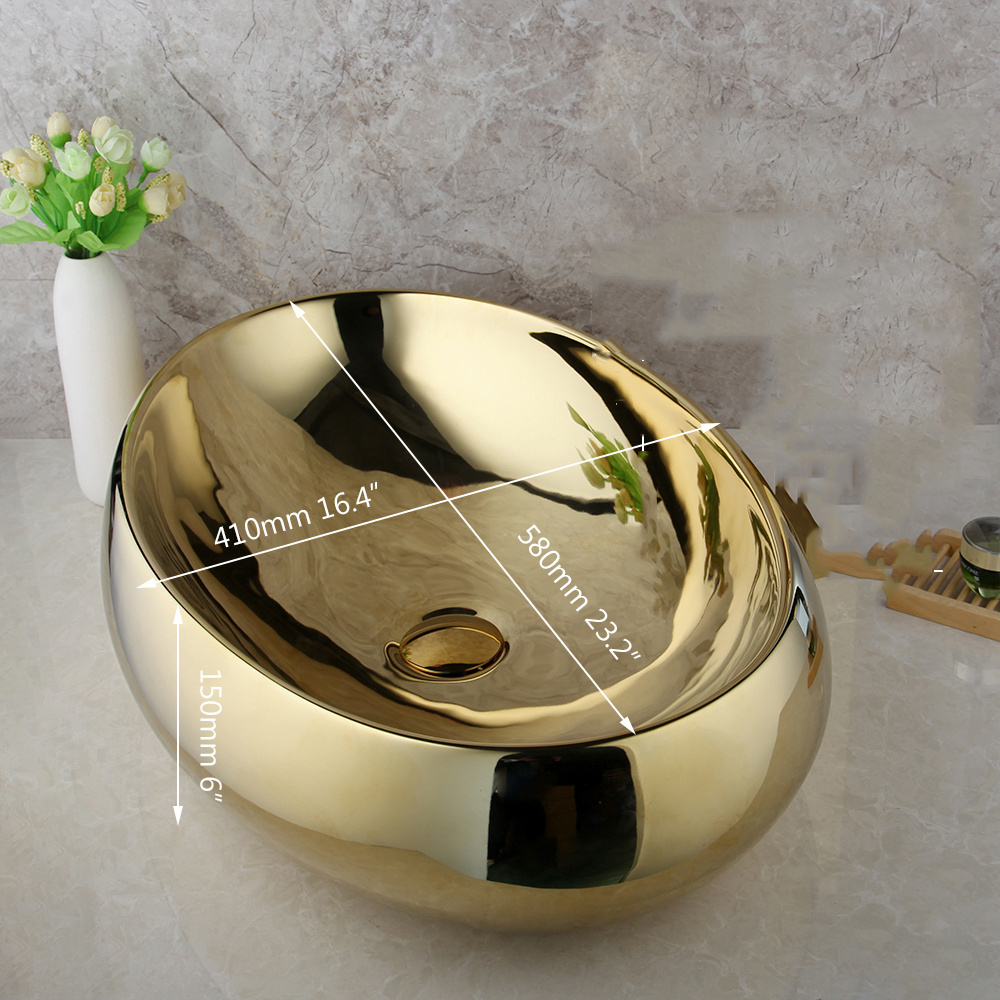 jieni Basin Sinks Waterfall Gold Mixer Faucet + Oval Gold Ceramic Basin Sink Bowl Pop Drain Set