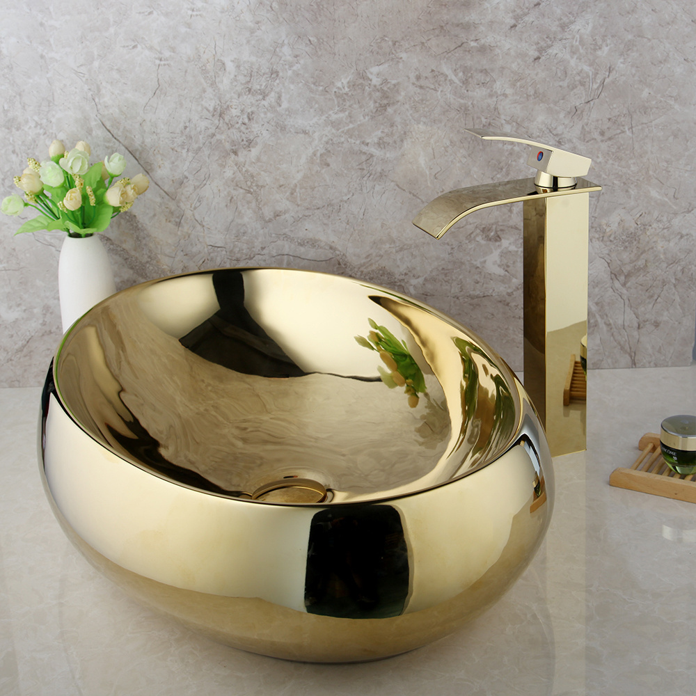 jieni Basin Sinks Waterfall Gold Mixer Faucet + Oval Gold Ceramic Basin Sink Bowl Pop Drain Set