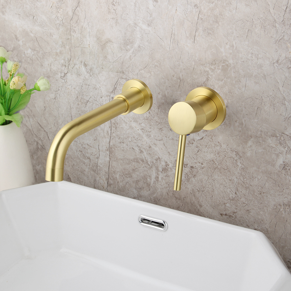 JIENI Siamese 2-piece set Brushed Brass Bathroom Sink Vintage Gold Mixer Tap 2 Holes Wall Mounted Faucet