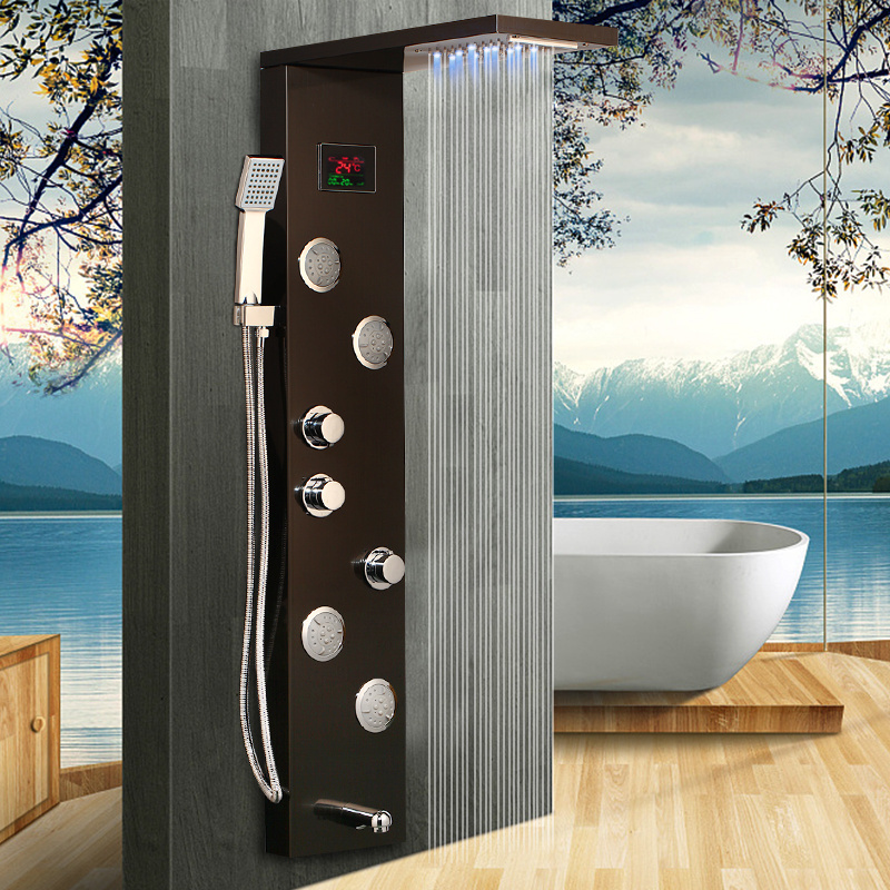 JIENI Black Digital Display Bathroom Shower Column Nickel Brushed Hand Shower Tub Massage Spa Jets Bath LED Shower Panel Faucet