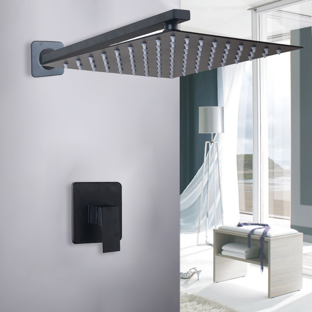 JIENI Matte Black Rainfall Square Shower Head + Mixer Valve Shower Wall Mounted Faucet Kits