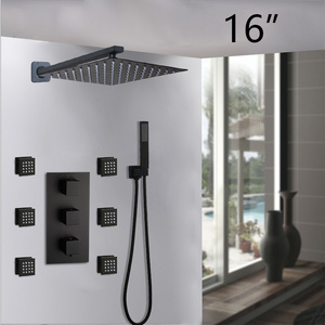 JIENI Matte Black Thermostatic 16" Rainfall Shower Faucet Sets Body Massage System Jets With Hand Sprayer Wall Mounted