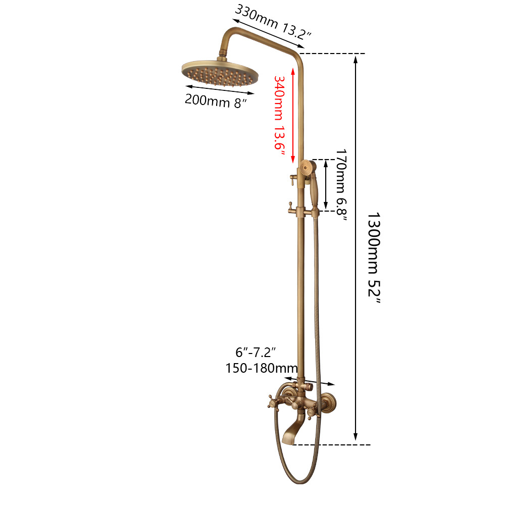 JIENI  Antique Brass Vintage Wall Mounted Shower Head &Handshower Set Tub Mixer Faucet