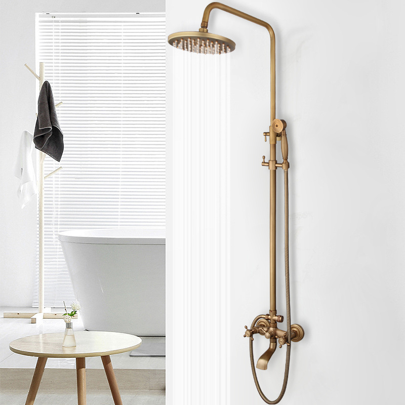 JIENI  Antique Brass Vintage Wall Mounted Shower Head &Handshower Set Tub Mixer Faucet