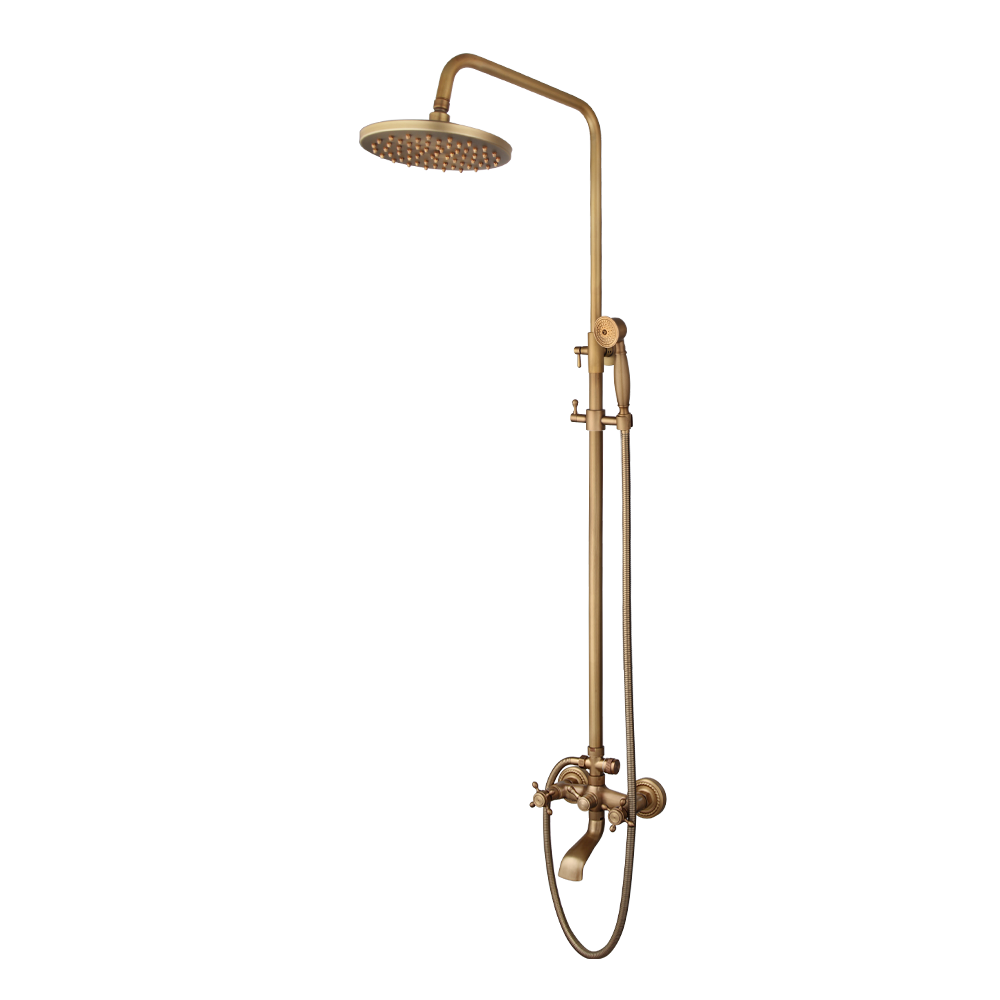 JIENI  Antique Brass Vintage Wall Mounted Shower Head &Handshower Set Tub Mixer Faucet