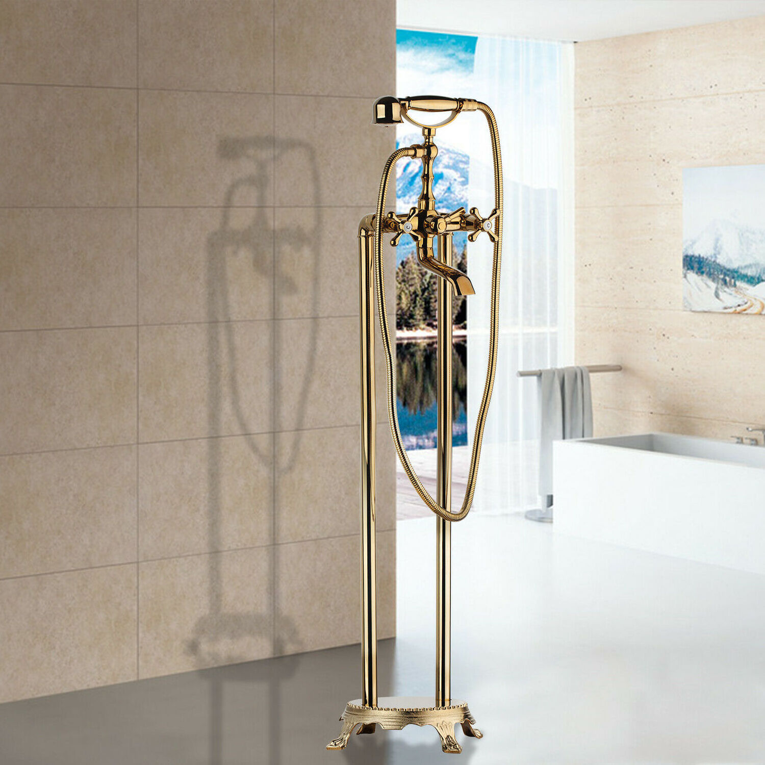 JIENI Antique Brass Floor Standing Telephone Style Clawfoot Bath Shower Faucet Set Shower Bathtub Faucet