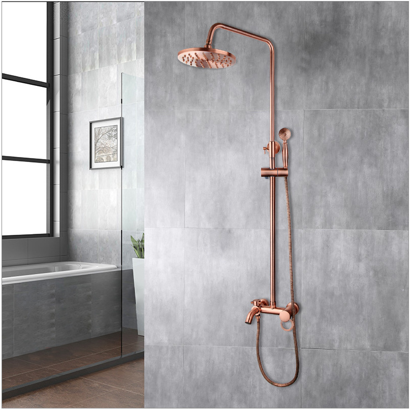 8 Inch Antique Copper Shower Faucet Wall Mounted Set Bathroom Rainfall Handheld Spray