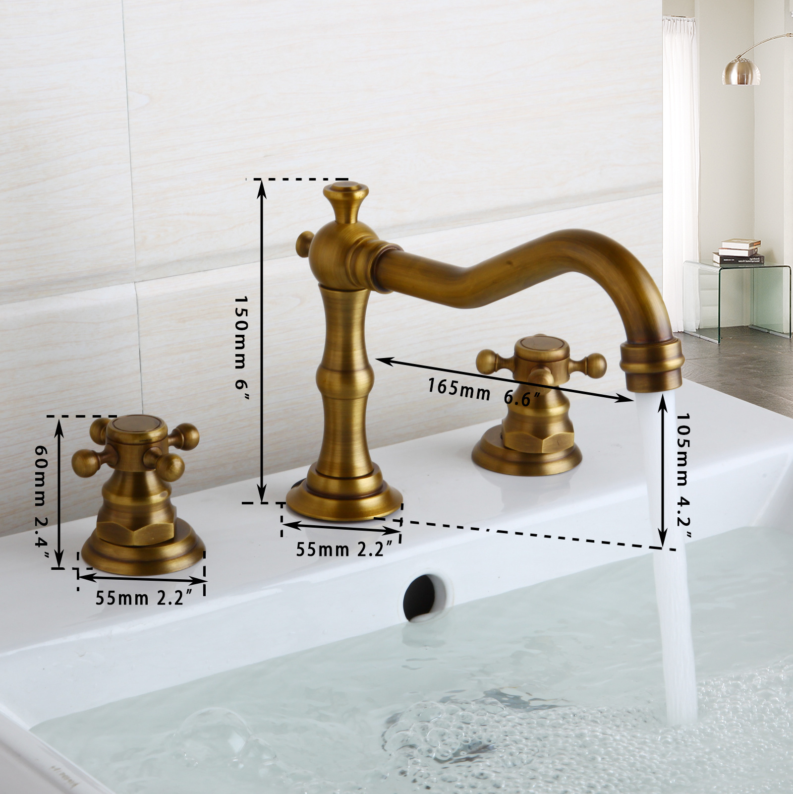 JIENI Antique Brass 3 Hole Deck Mount Bathroom Basin Sink Mixer Faucet 2 Handle Tap Set