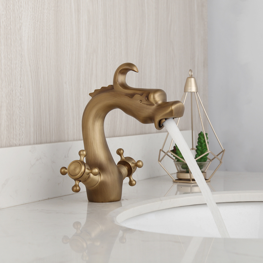 JIENI Dragon Antique Brass Ceramic Tap Mixer Faucet Unique Design Dual Handles Basin Sink Mixer