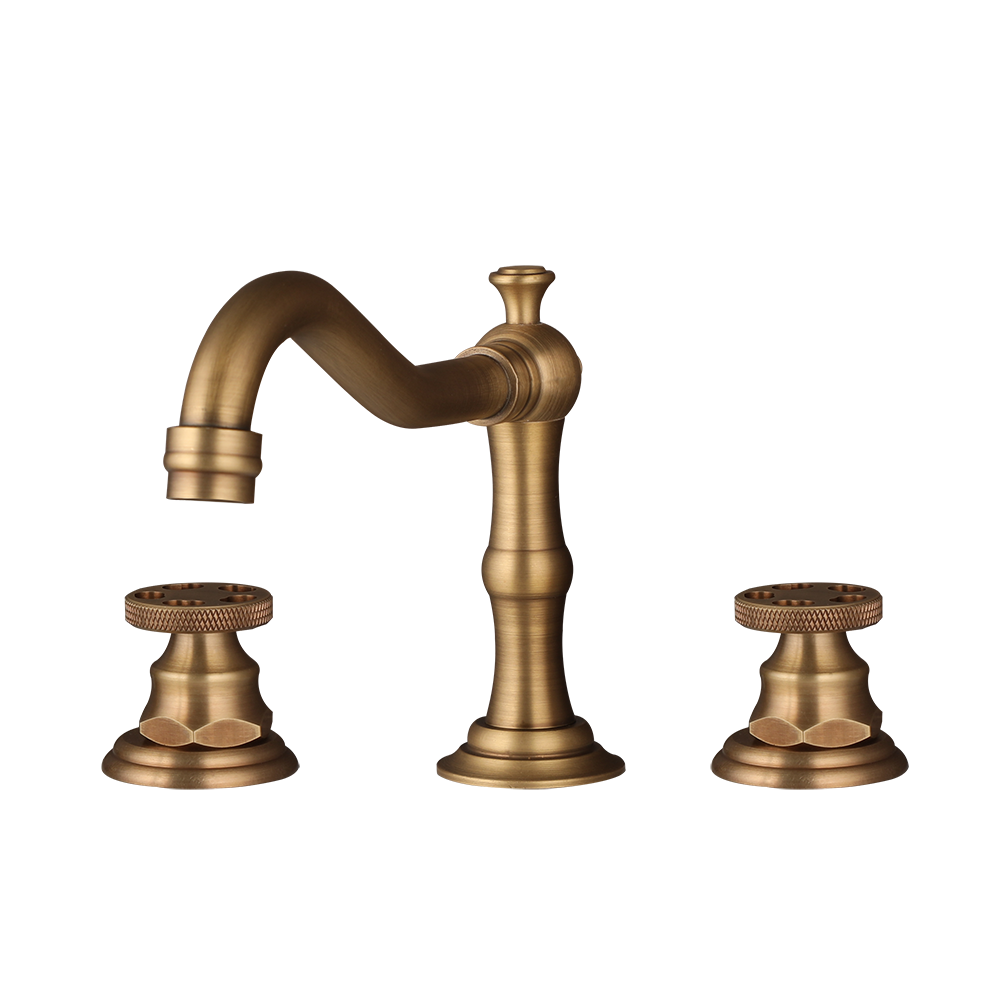 JIENI Antique Brass 3 Hole Deck Mount Bathroom Basin Sink Mixer Faucet 2 Handle Tap Set