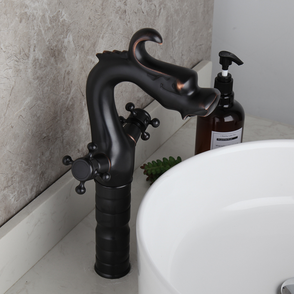 JIENI Bathroom Dragon Dual Handles Black Brass Basin Vessel Sink Mixer Faucet Taps