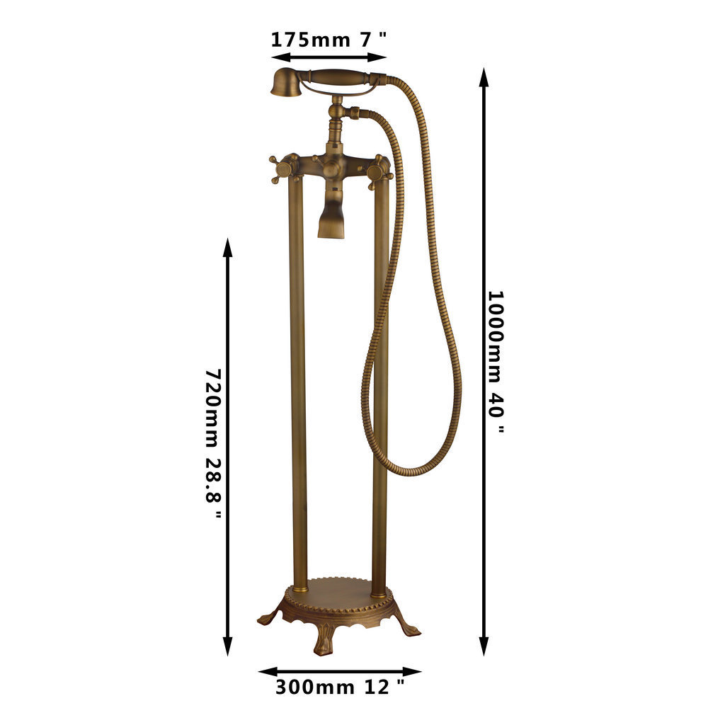 JIENI Antique Brass Floor Standing Telephone Style Clawfoot Bath Shower Faucet Set Shower Bathtub Faucet