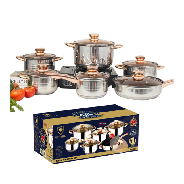 High Quality Wholesale Hot Sale 12Pcs Stainless Steel Gold Cooking Pots and Pans Nonstick Capsulted Cookware Sets