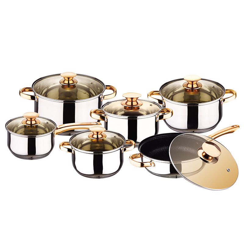 High Quality Wholesale Hot Sale 12Pcs Stainless Steel Gold Cooking Pots and Pans Nonstick Capsulted Cookware Sets