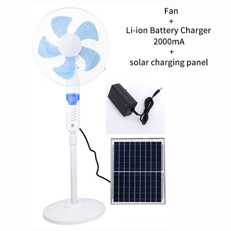 Custom 16 Inch Solar Power Ac Dc 12V Fan with Solar Panel Led Light Electric Charging Floor Fan Home Rechargeable Standing Fan