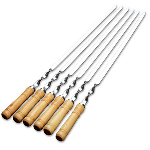 55cm Stainless Steel Bbq Wooden Handle Fork Shish Kebab Barbecue Grill Flat Meat Skewers With Non Slip Wooden Handle