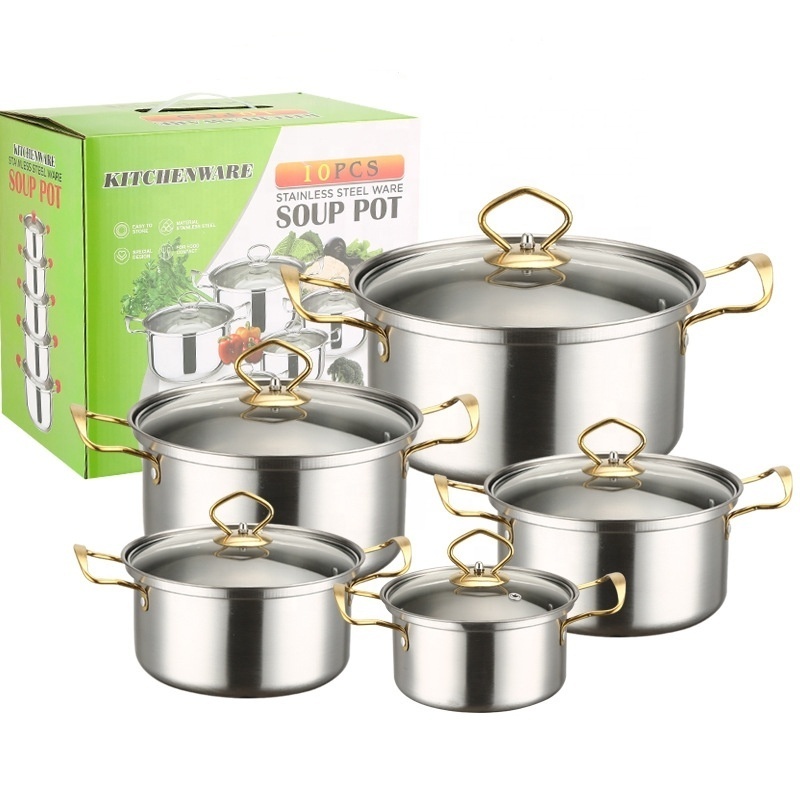 2024 Hot Selling Kitchen 10PCS Gas Cooker Stainless Steel Cooking Cookware Soup Pot With Glass Lid Set