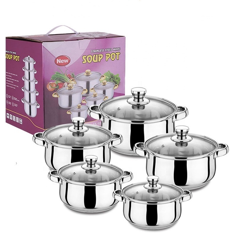 2024 Hot Selling Kitchen 10PCS Gas Cooker Stainless Steel Cooking Cookware Soup Pot With Glass Lid Set