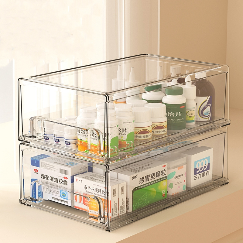 Portable PET Clear Multi-layer Storage Box with Drawer Medicines Organizer Storage Container with Drawer