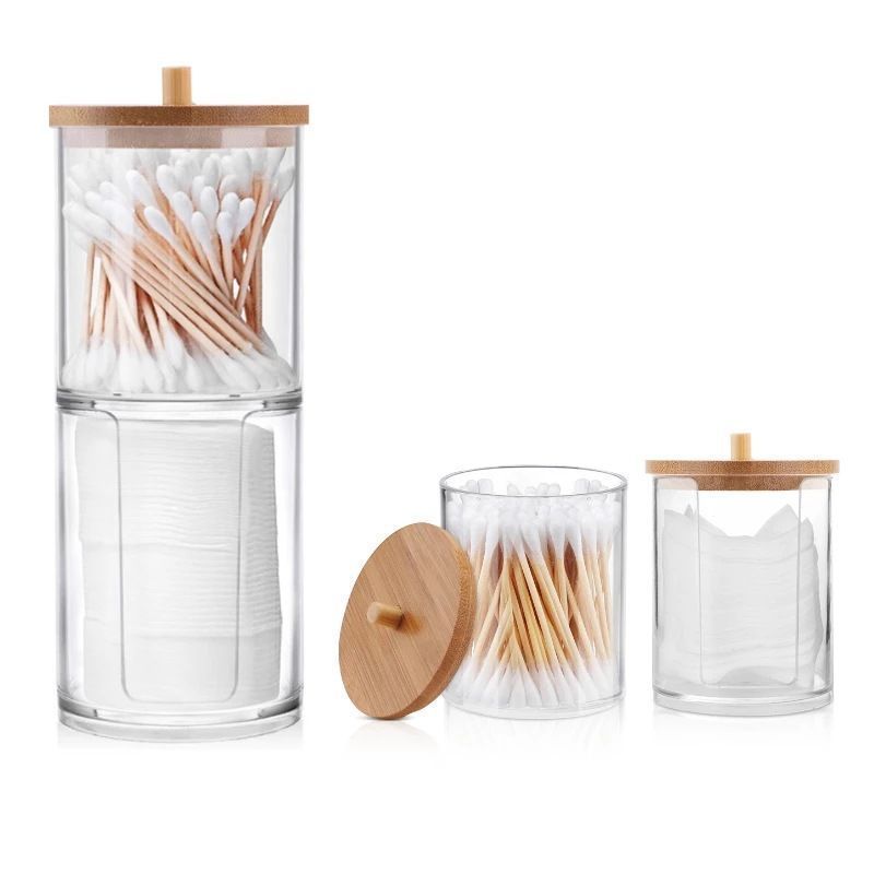 Hot Clear Plastic Qtip Holder Cotton Buds Ball Dispenser Bathroom Container bamboo Wood Lids Cotton Swab Pads holder