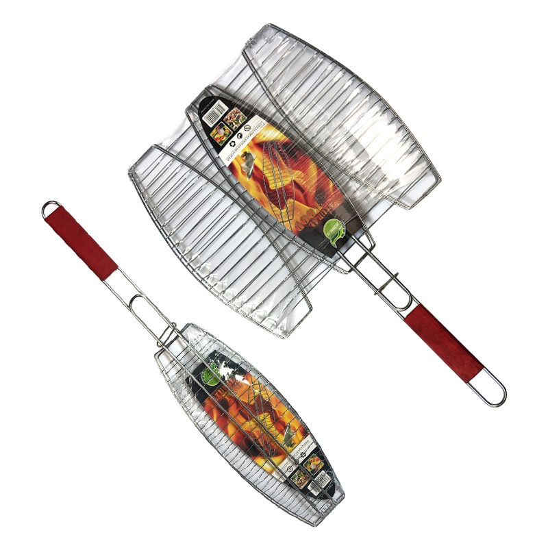 Wholesale Good Price Three Fish Grilling Basket Chrome Plated Fish Grill Basket With Wooden Handle