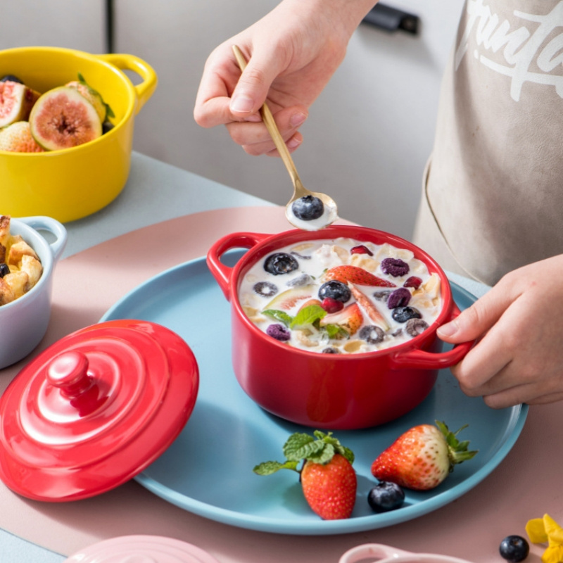 Mini 200ML Colorful Stoneware Pot Ceramic Casserole Serving Dish Baking Candy Ramekin Pan with Handle Lid