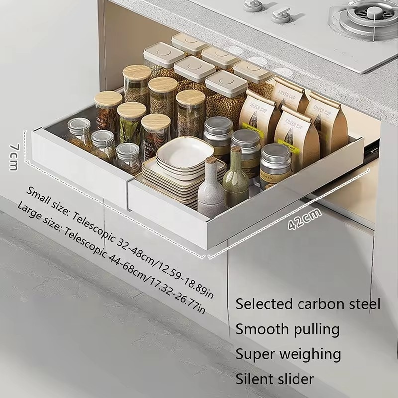 Portable Expandable Pull Out Organizer Drawer with Adhesive Film Slide Out Kitchen Cabinet Organizer Heavy Duty Storage Drawer