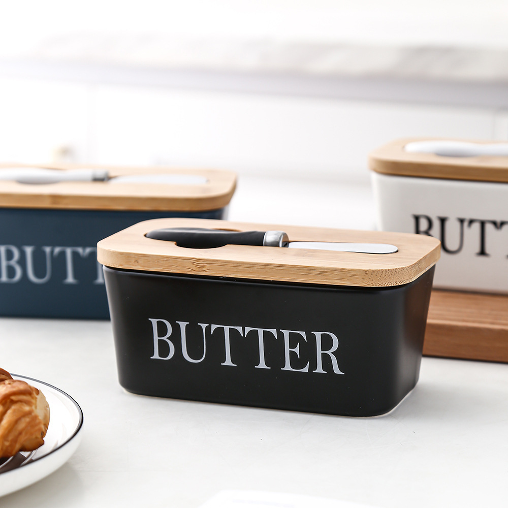 Large Butter Container Keeper 5 Colors Ceramic Butter Dish With Wooden Lid For Countertop