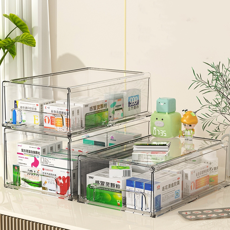 Portable PET Clear Multi-layer Storage Box with Drawer Medicines Organizer Storage Container with Drawer