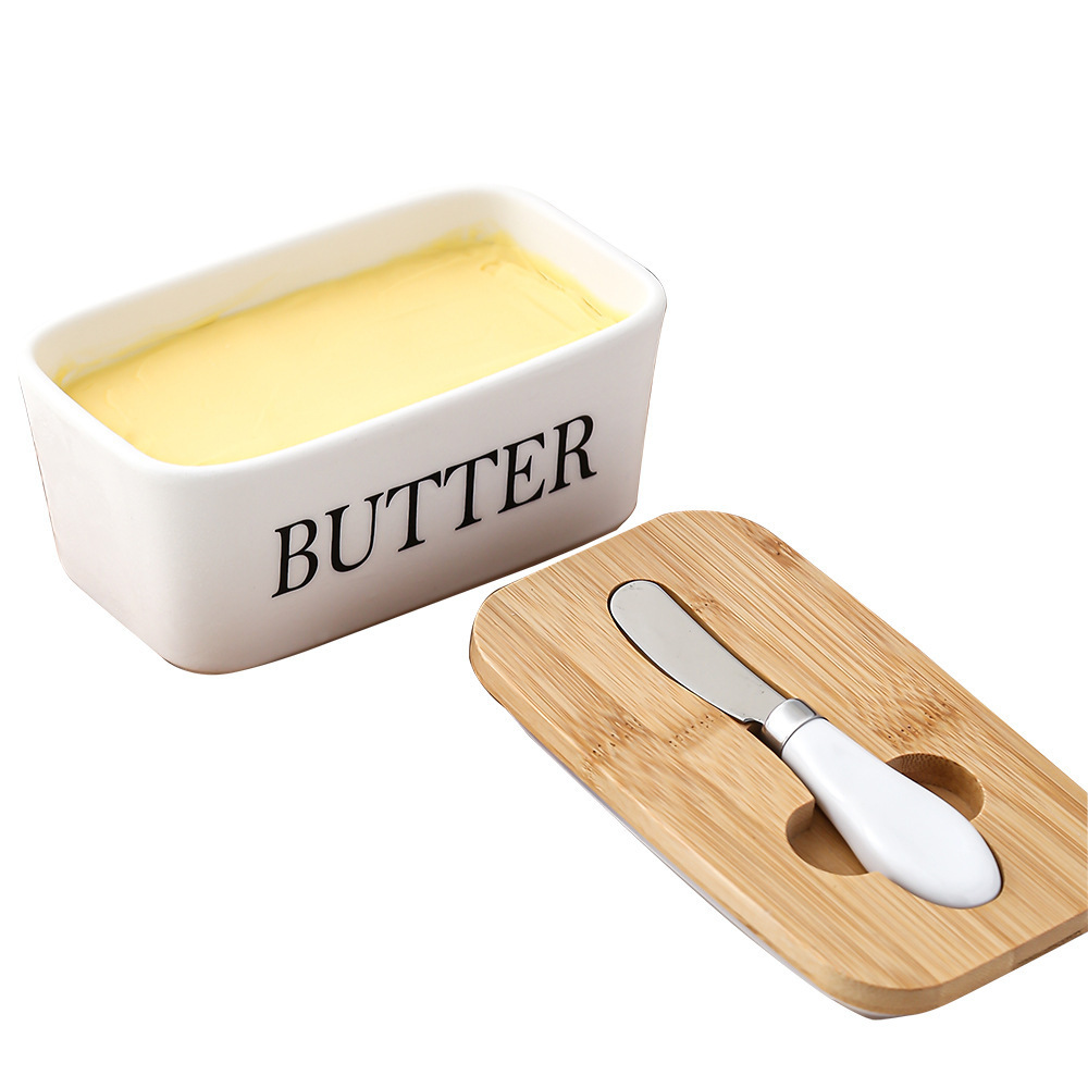 Large Butter Container Keeper 5 Colors Ceramic Butter Dish With Wooden Lid For Countertop