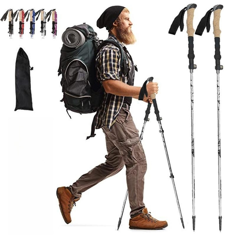 Carbon Steel Foldable Trekking Pole Portable Aluminium Alloy Walking Stick-telescopic Hiking Pole with Flip Lock