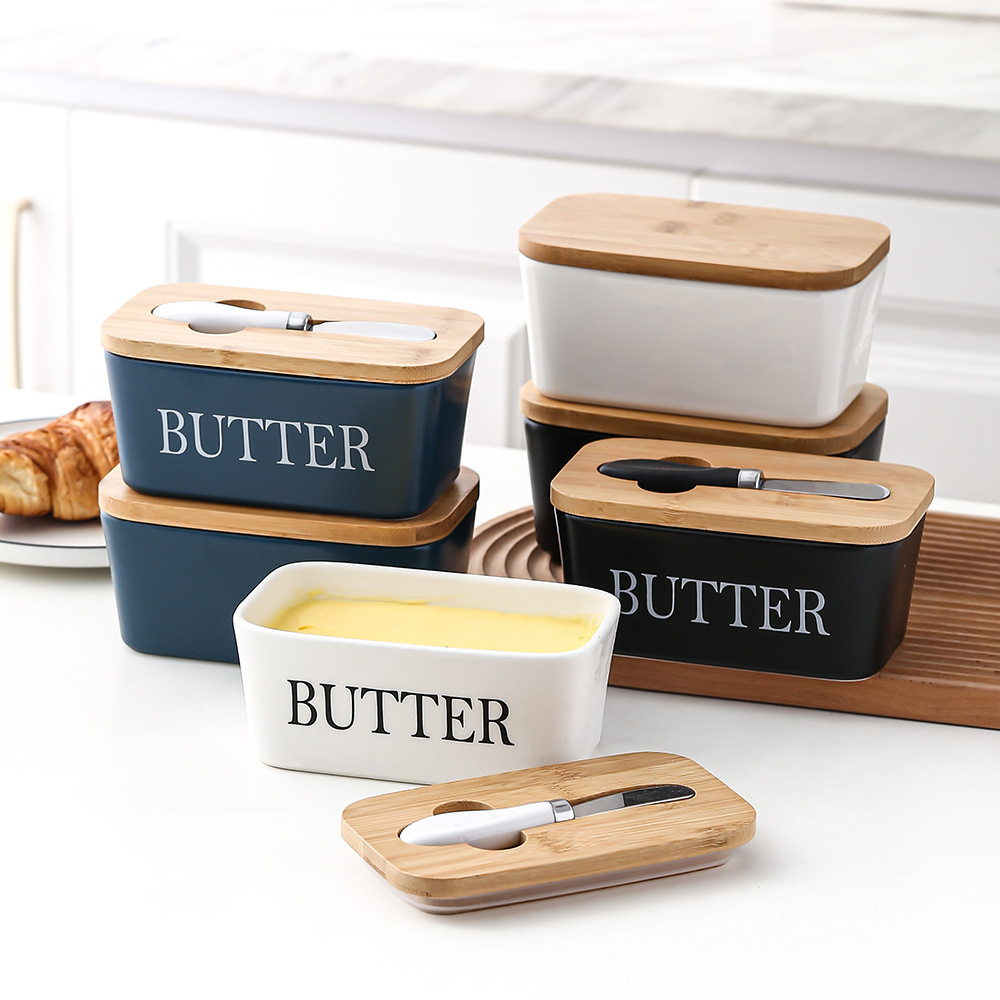 Large Butter Container Keeper 5 Colors Ceramic Butter Dish With Wooden Lid For Countertop