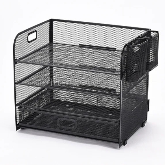 Desktop Foldable Metal Mesh Foldable Paper Letter Organizer 4-Tiers File Desk Organizers with Drawer for Office Supplies