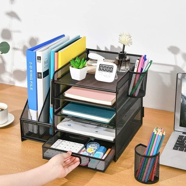 Functional Folding 5 Tiers Desk Organizer Document file organizer with Pen Holder and drawer for Office School Home Supplies