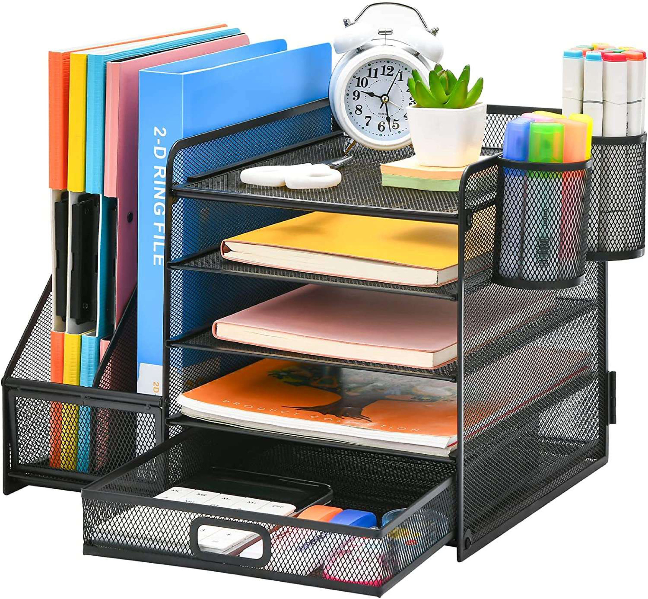 Functional Folding 5 Tiers Desk Organizer Document file organizer with Pen Holder and drawer for Office School Home Supplies