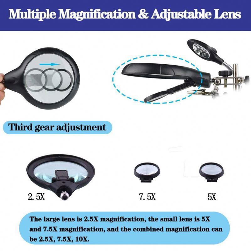 2.5X 7.5X 10X LED Light Helping Hands Magnifier Soldering Station,Magnifying Glass Stand with Auxiliary Clamp and Alligator Clip