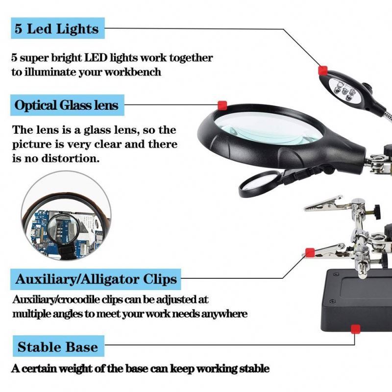 2.5X 7.5X 10X LED Light Helping Hands Magnifier Soldering Station,Magnifying Glass Stand with Auxiliary Clamp and Alligator Clip