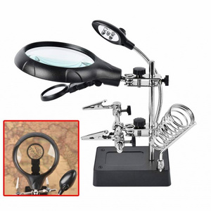 2.5X 7.5X 10X LED Light Helping Hands Magnifier Soldering Station,Magnifying Glass Stand with Auxiliary Clamp and Alligator Clip