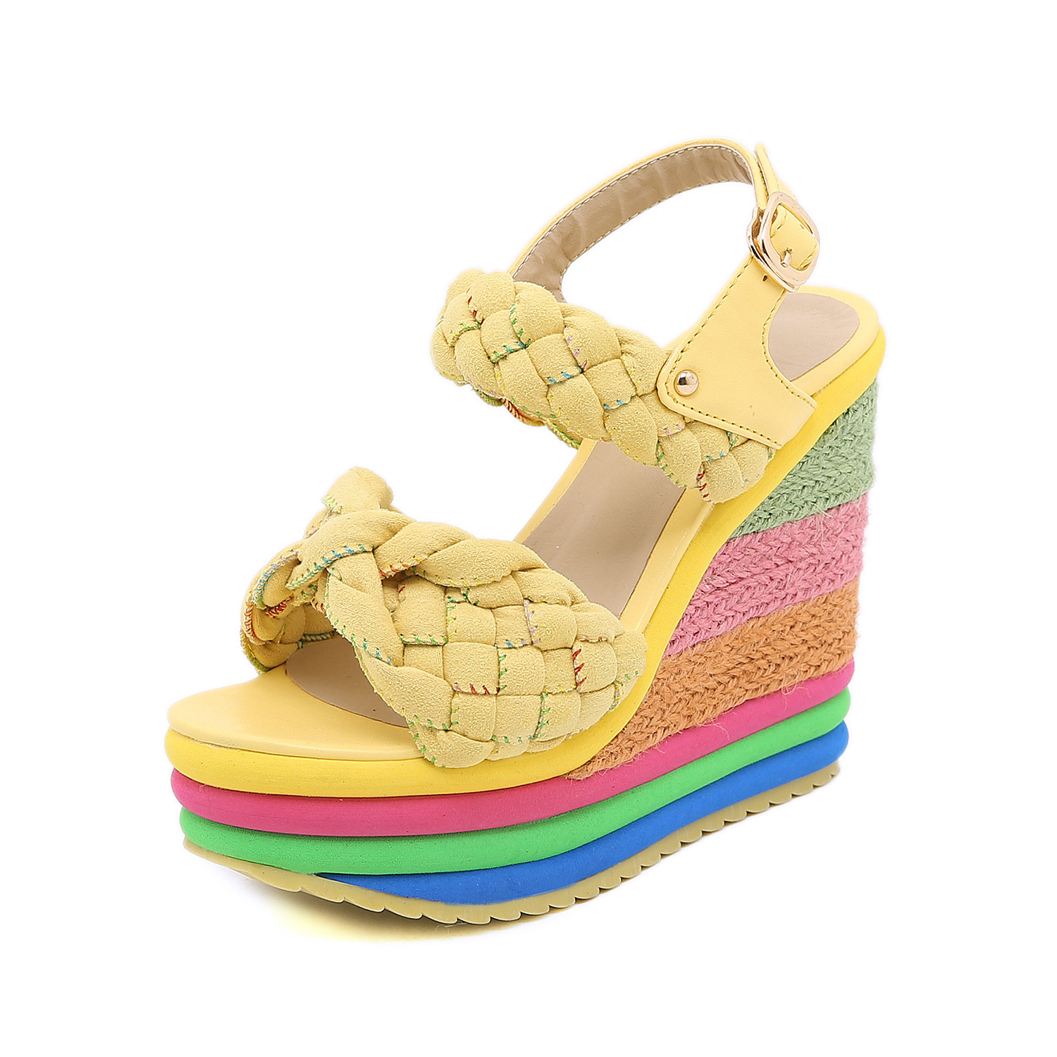 Manufacturer Sandals Wholesale Straw Woven Rainbow Sandals High Heels Large Size Wedge Women's Shoes For Sale