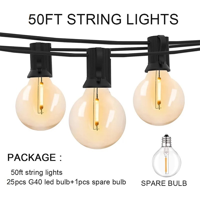 Outdoor String Lights 50Ft 25 G40 LED Bulbs Hanging Indoor Balcony Decor Patio Lights Outdoor Lighting Garden for Gazebo Bistro