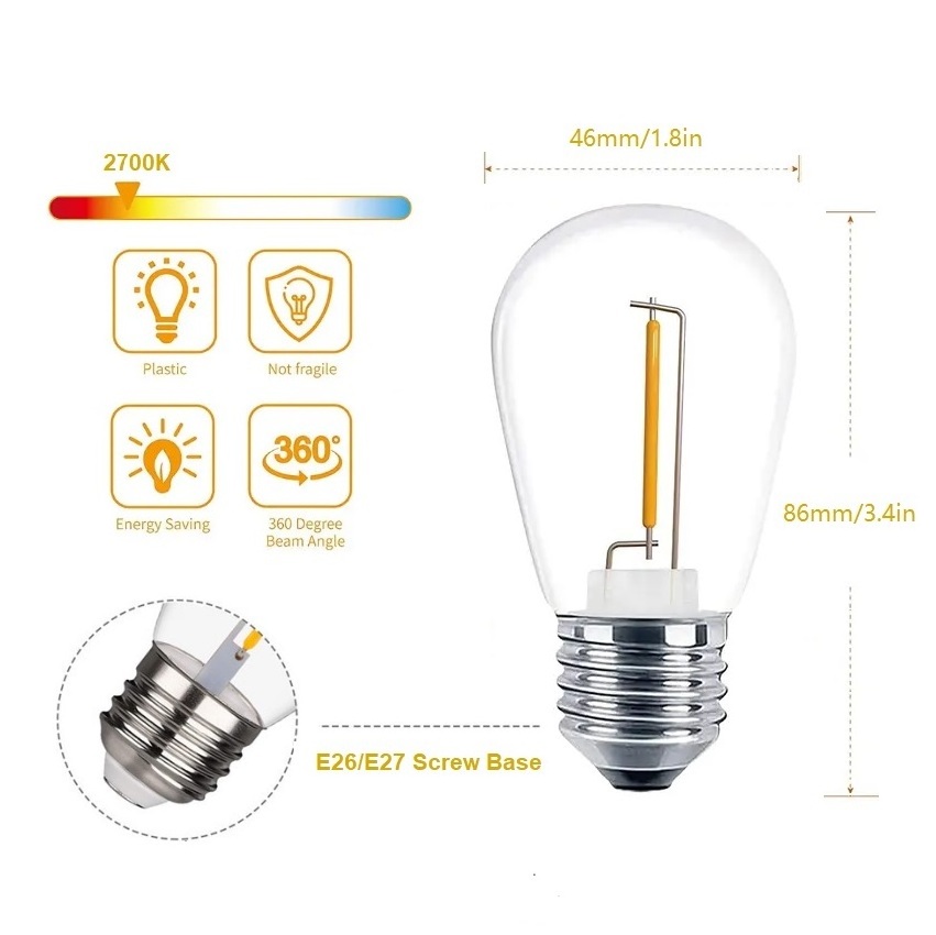 Factory Price S14 1w 2w Vintage antique Light Bulb 2700K Clear Glass 110V 220V Edison Bulb