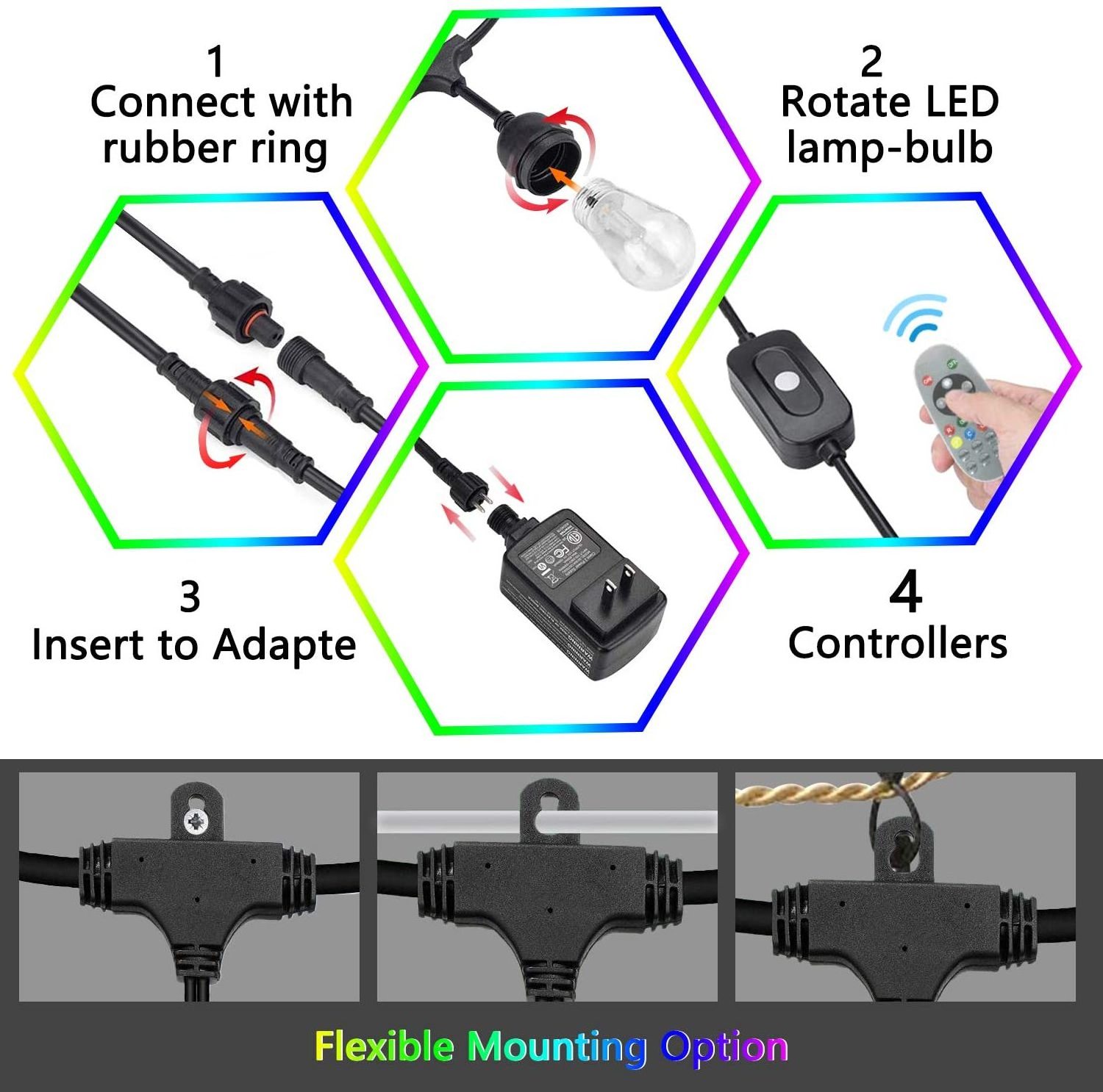 S14 E26 Bases Festoon  Lighting LED Color Changing RGB Dimmable String Light With Remote Controlled