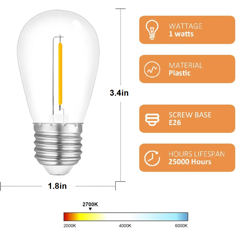 Outdoor Decoration Plastic Shatterproof e26/27 S14 Filament Led Bulb for patio string light