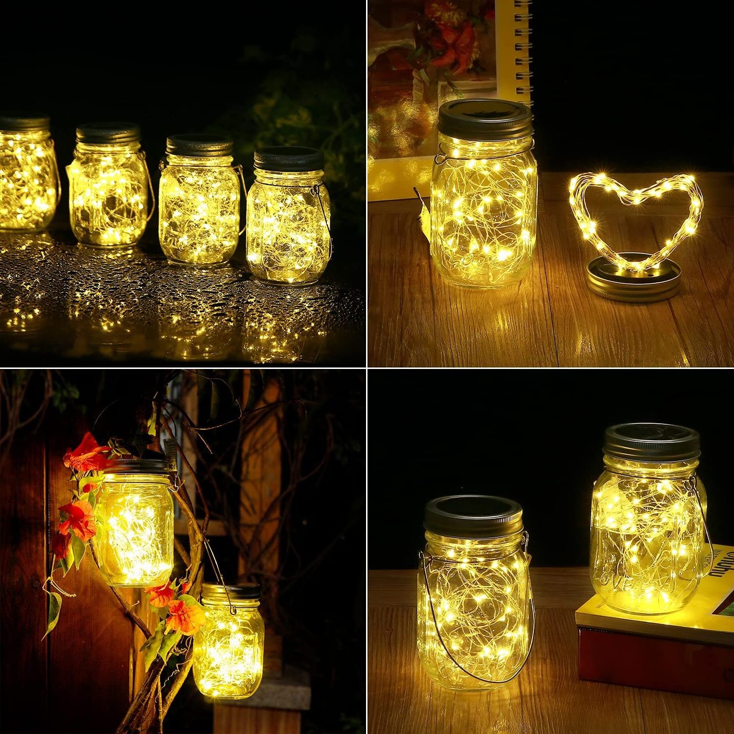 Christmas decor Copper Wire Warm White Waterproof Hanging 20 Led Glass Solar Mason Jar Lid Lights String Fairy Lights for Patio