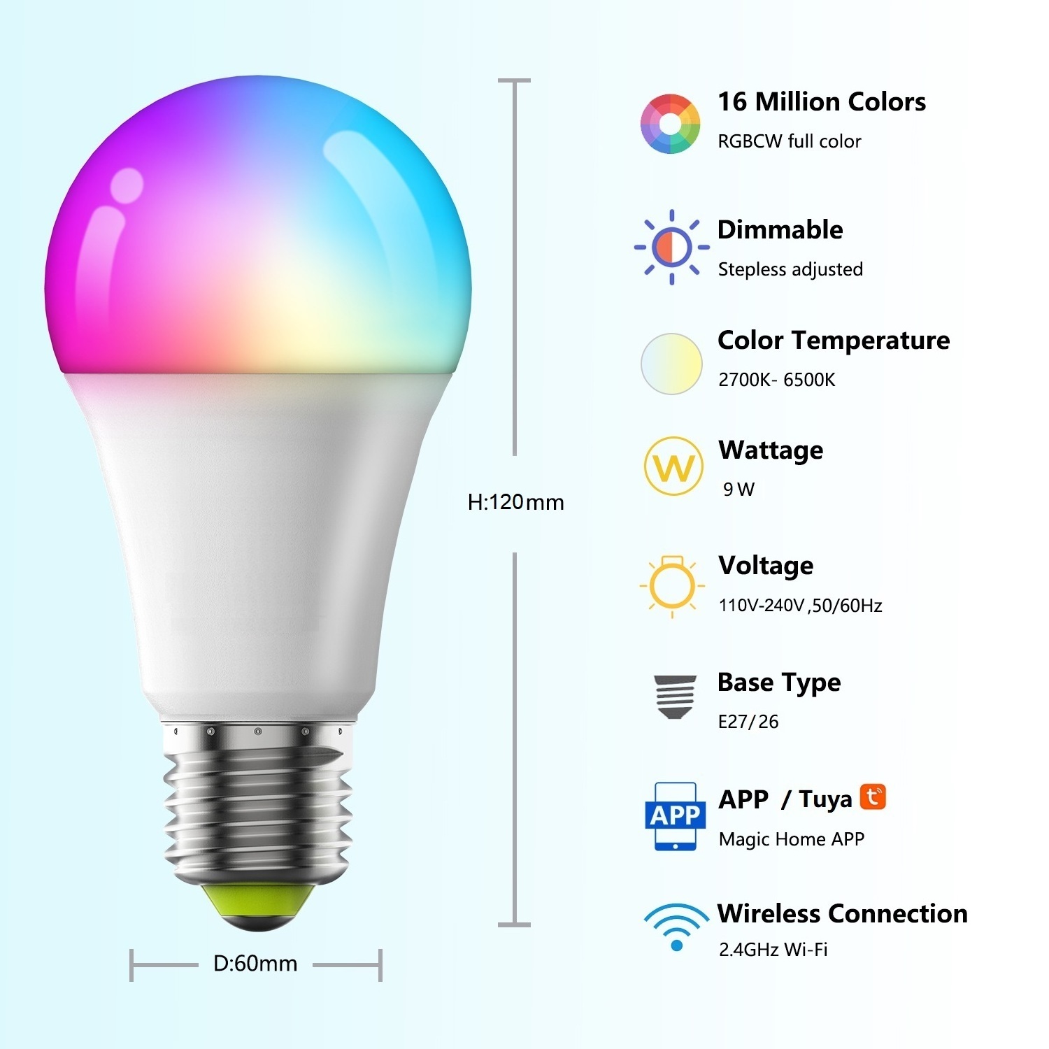 Tuya Smart Light Bulb App Control 2700K-6500K RGBCW+CCT Smart Bulb Google Home 9W E26 E27A60 LED Tuya wifi Smart Life Bulb