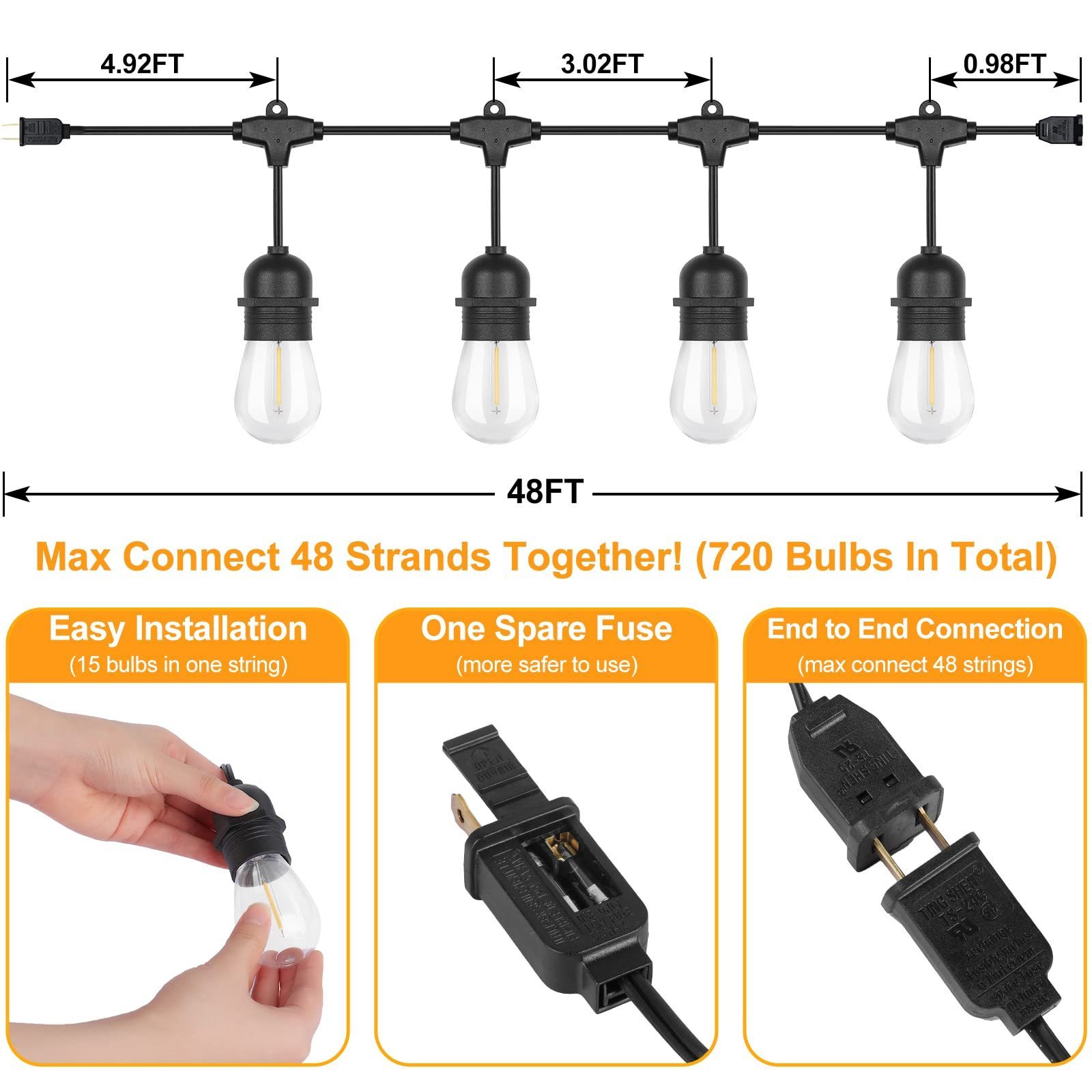 Solar Patio Light String Holiday Garden Wedding Decor Outdoor UK  S14 Bulb Festoon String 48ft LED Cafe Festoon String Light