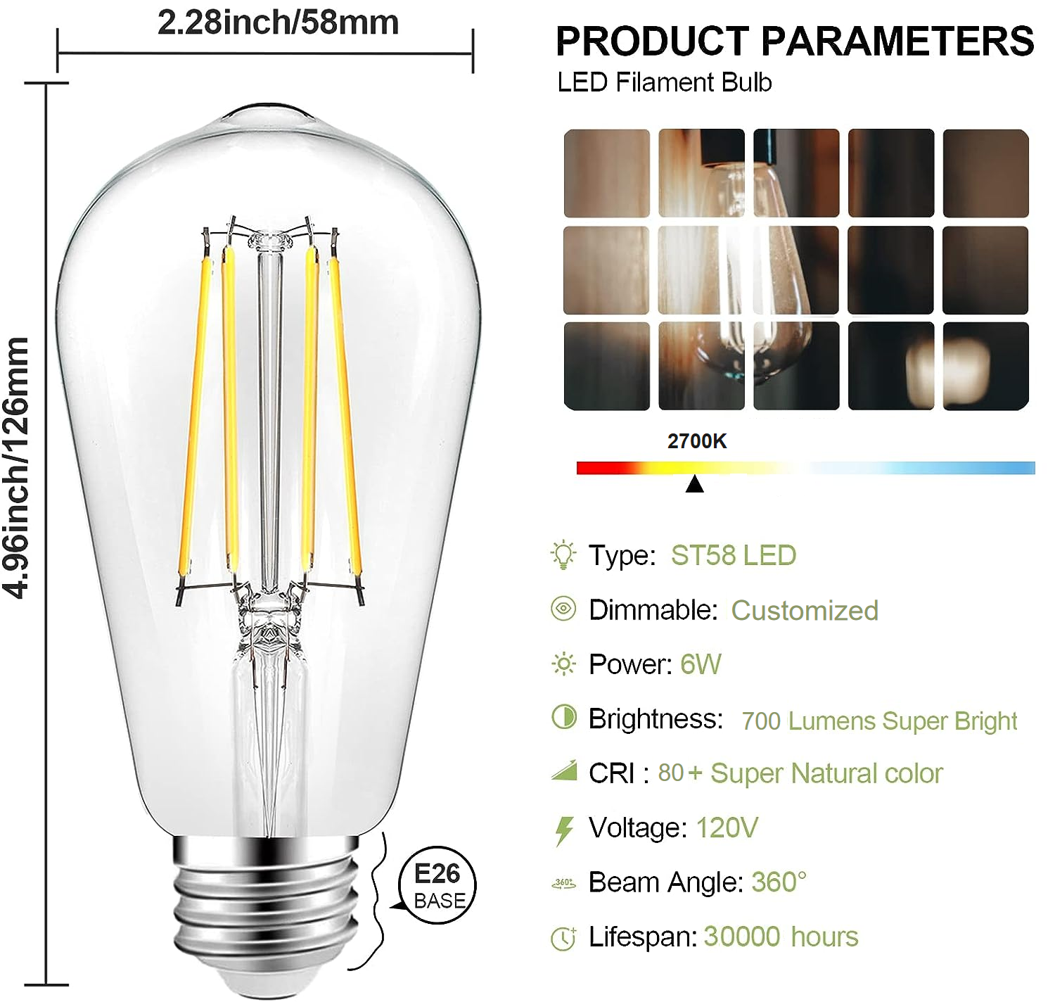 Factory Price ST64 ST58 4w 6w  8w Vintage Light Bulb 2700K Warm White Amber Glass 110V 220V Edison Bulb