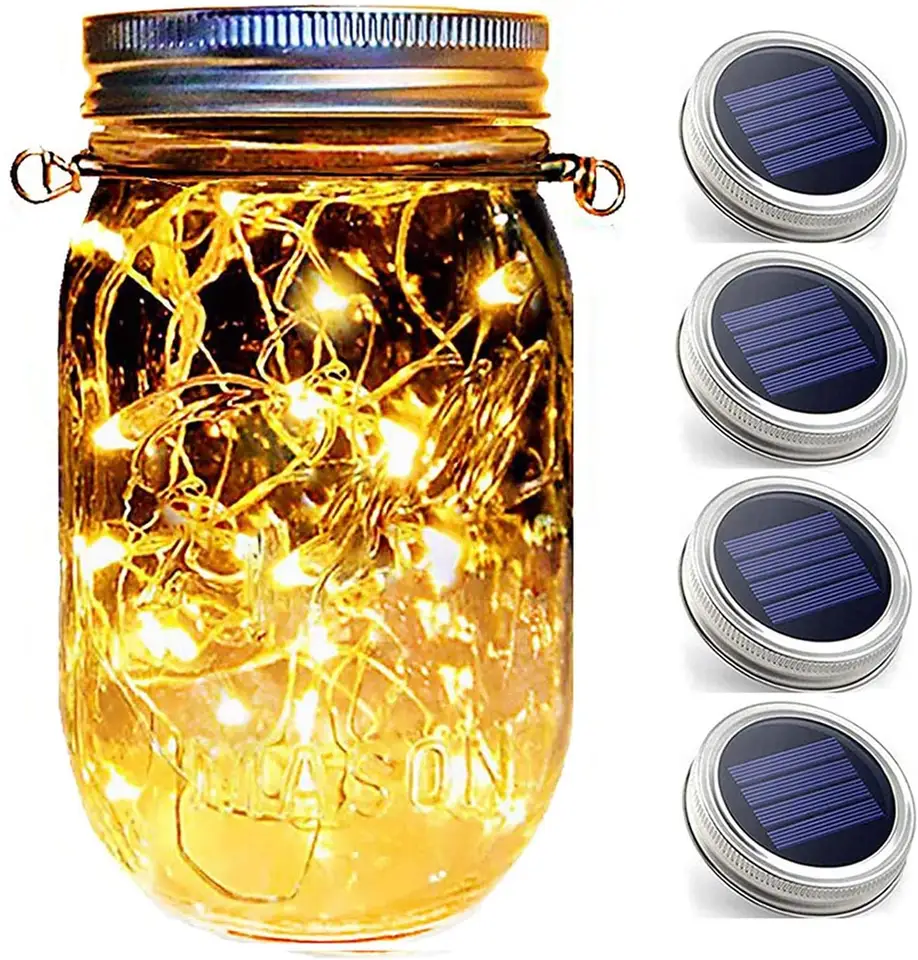 Christmas decor Copper Wire Warm White Waterproof Hanging 20 Led Glass Solar Mason Jar Lid Lights String Fairy Lights for Patio